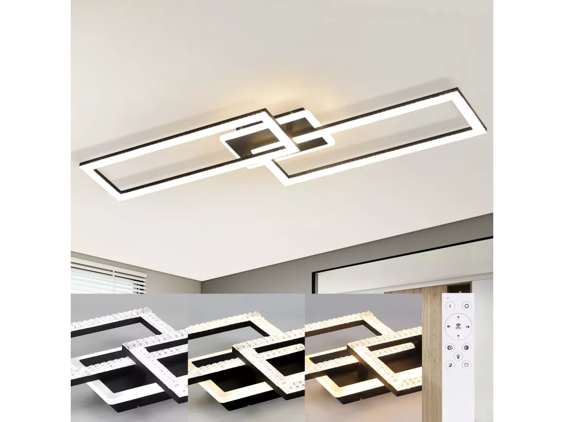 NETTLIFE Plafonnier LED Salon Dimmable 56W Noir Lampe de Salon Design Cristal Moderne Lampe de Chambre avec Télécommande Lampe de Cuisine Chambre