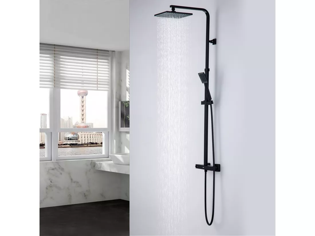 Colonne Douche Thermostatique Noir Ensemble Douche Mitigeur en Laiton Mitigeur Thermostatique avec Tête Douche/Douchette Hauteur Réglable,EU Modèle
