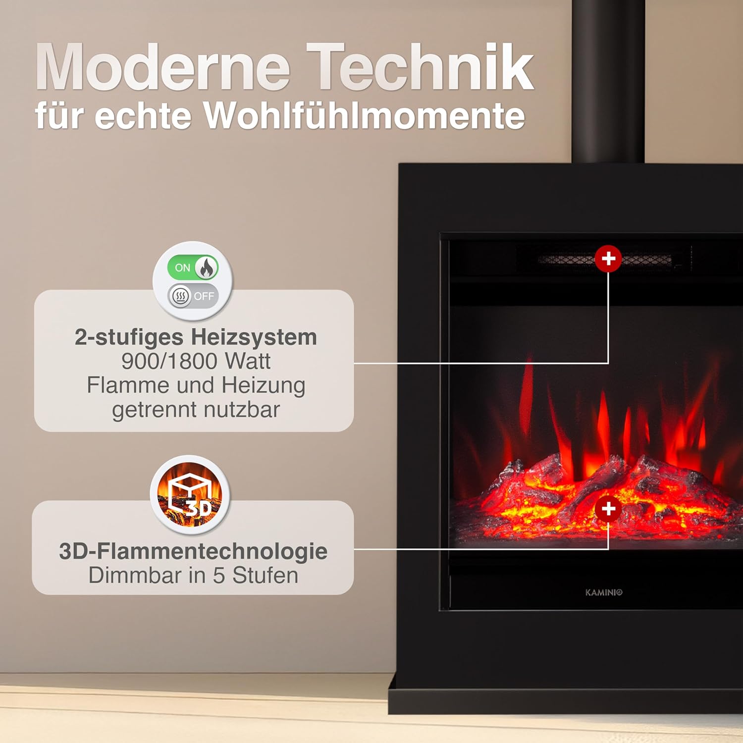 Elektrokamin Kalle - Elektrischer Standkamin mit Heizung, 3D-Flammeneffekt, Fernbedienung (Schwarz mit Rohr)
