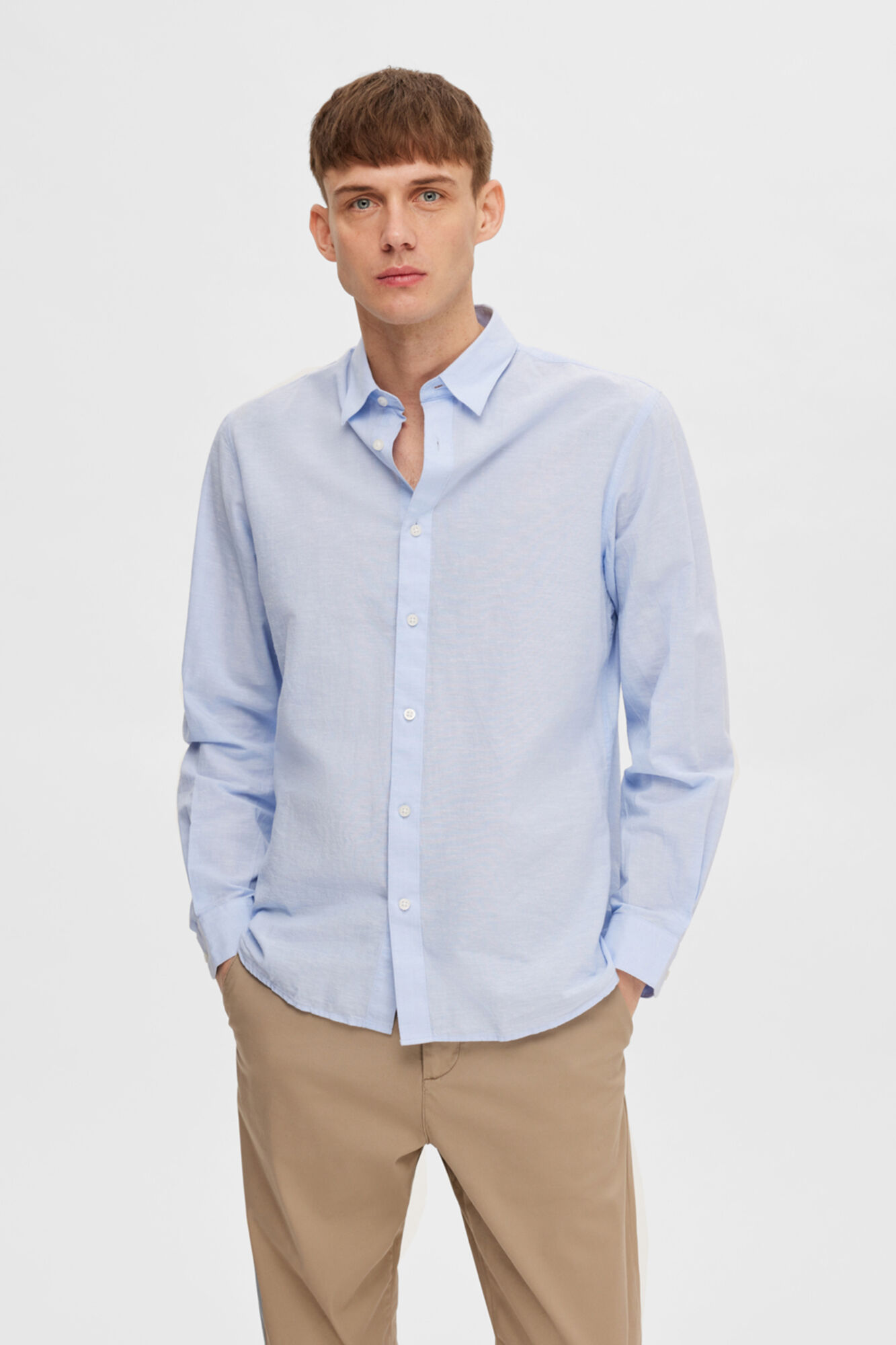 Camisa de manga comprida em linho e algodão reciclado - Azul