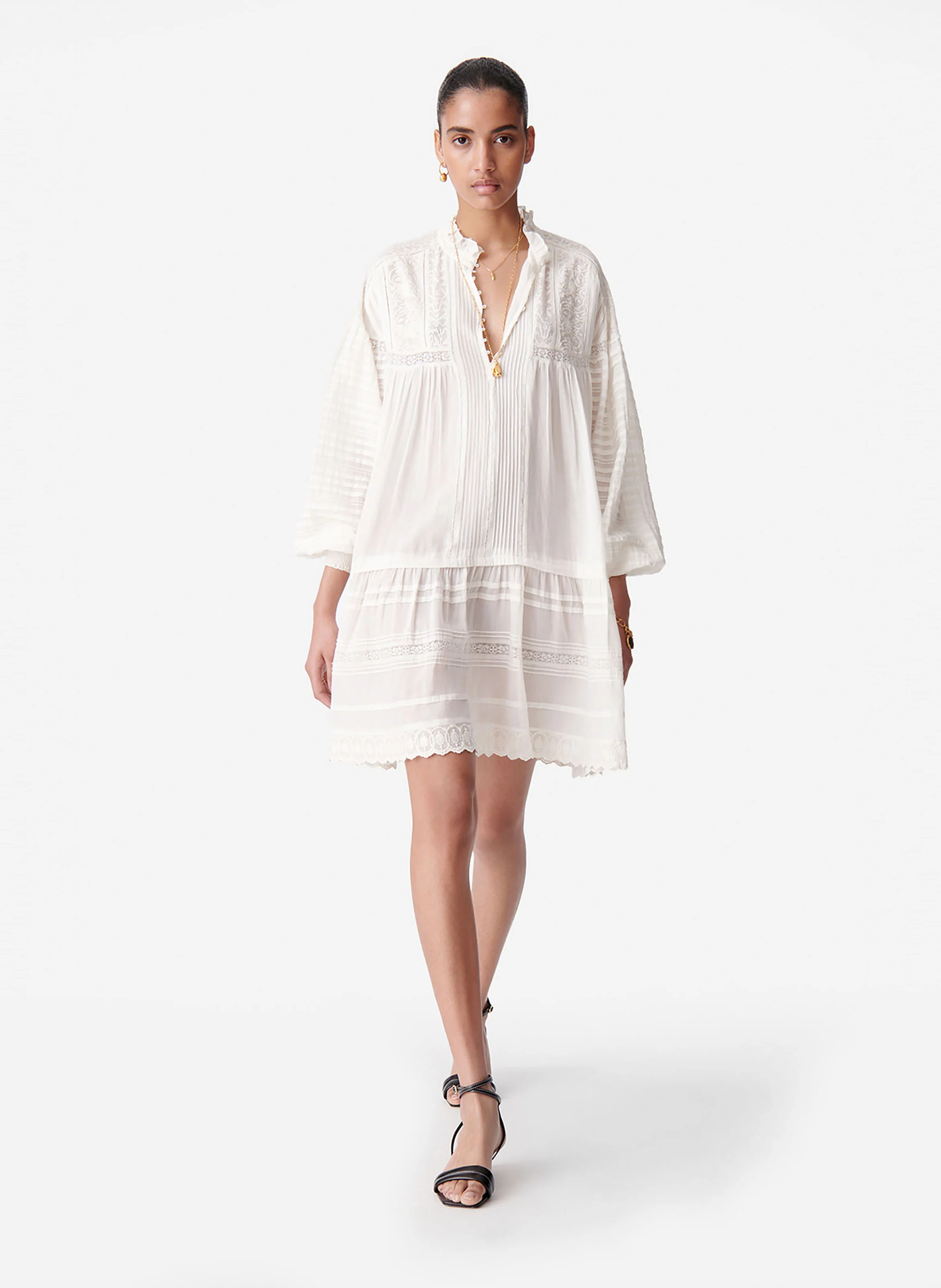 DIANE - Robe courte trapèze brodée en coton mélangé | Blanc