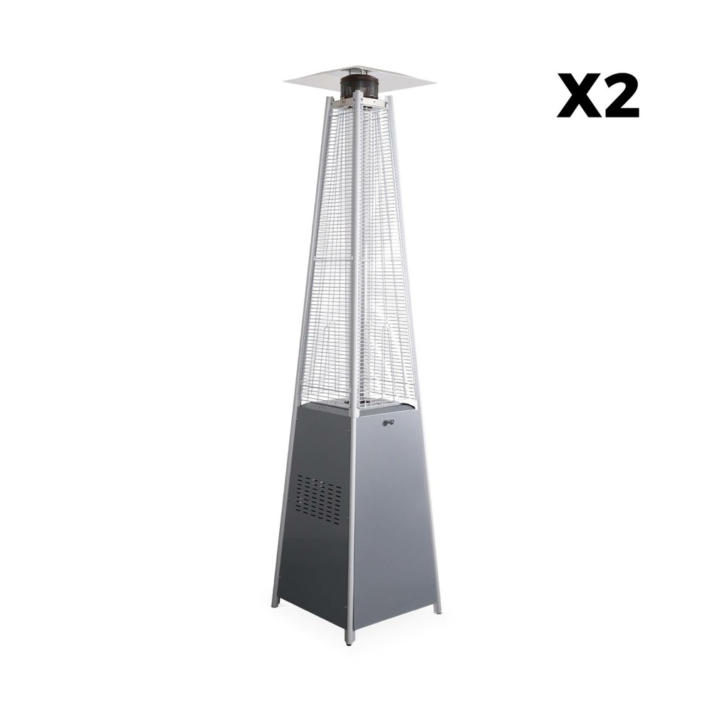 Lot de 2 parasols chauffants gaz pyramide. Gris clair. Véritable flamme. Roulettes incluses