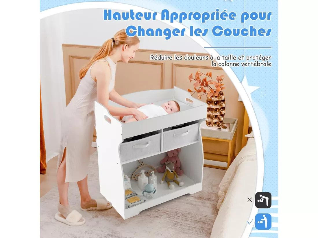 Table à Langer avec 2 Tiroirs et Grand Bac de Rangement Charge 15 KG, Commode à Langer avec Matelas à Langer Imperméable et Ceinture de Sécurité, pour Nouveau-né, Blanc