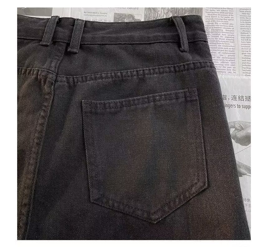 Urtishia - Hoge taille jeans met wijde pijpen en dubbele zakken