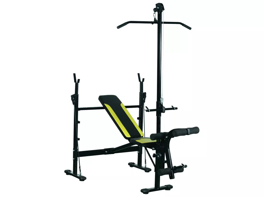 Banc de musculation Fitness entrainement complet dossier réglable cordes traction curler supports barre et haltères noir et jaune