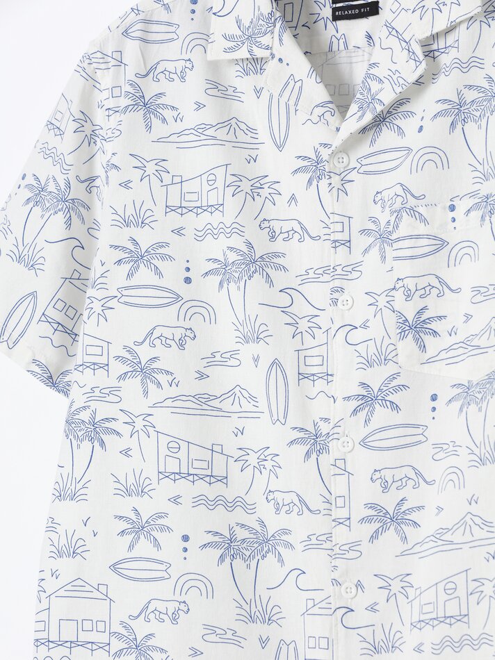 Camisa resort em algodão e linho - Azul Médio