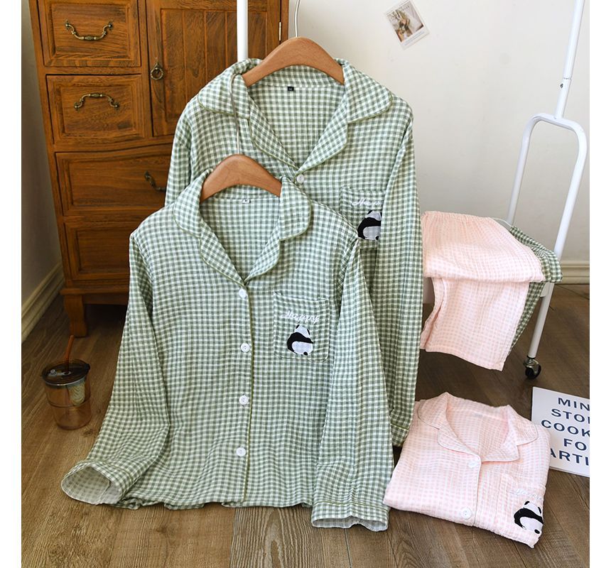 MelMount - Bijpassende pyjamaset voor koppels: geruite top met lange mouwen + broek (verschillende ontwerpen)