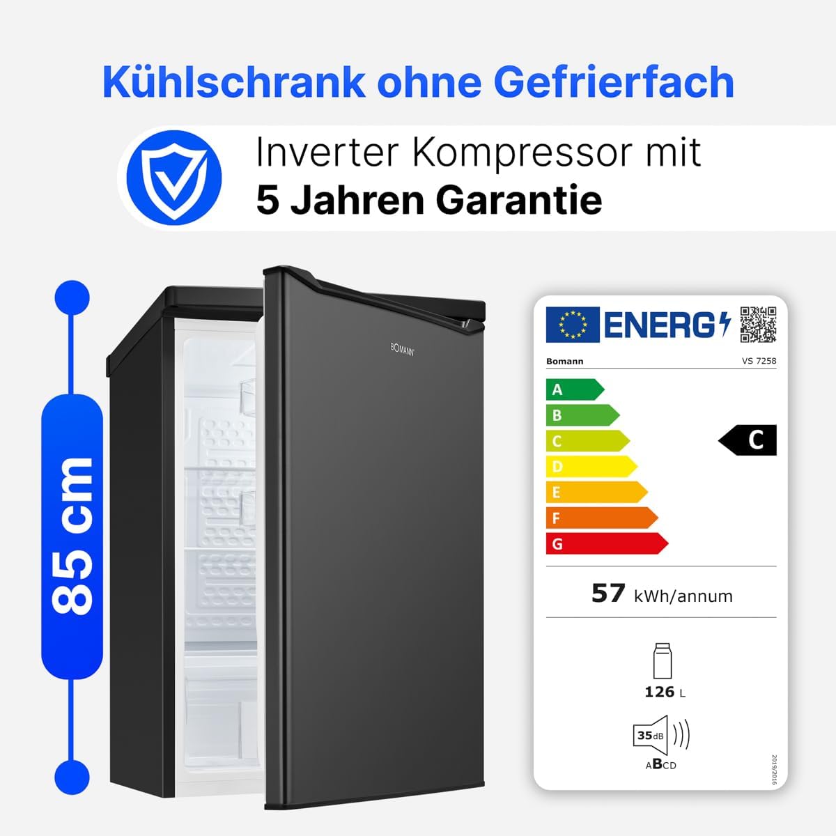 Bomann® Kühlschrank ohne Gefrierfach | Energieklasse C | 85cm | 5 Jahre Kompressor-Garantie | Kühlschrank klein | 0-8°C | leise 35dB | 3 Ablagen | Standardkühlschrank 126L | VS 7258 schwarz