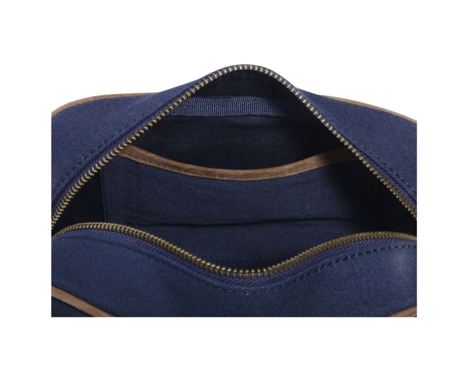 Trousse de voyage en toile navy et velours de chèvre Tabac