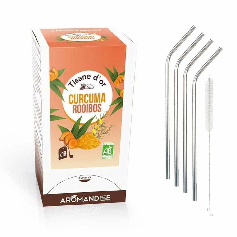 Tisane d'or bio curcuma-rooibos 20 sachets + 4 pailles en inox