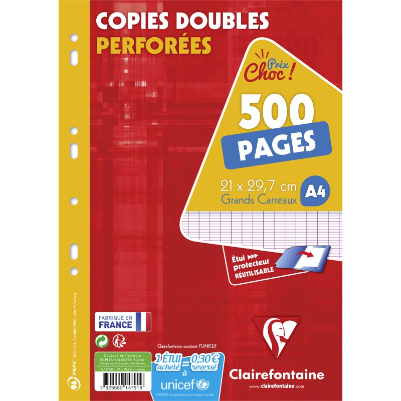Copies doubles 500 pages séyès 90g format A4 21 x 29,7 cm Metric Clairefontaine - perforées