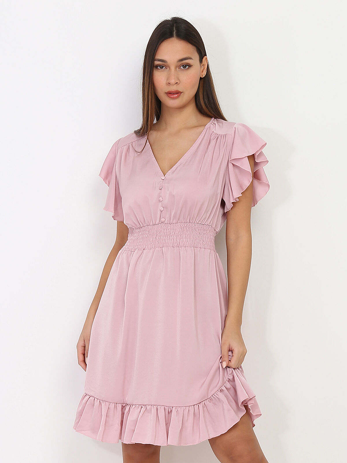 Robe patineuse satinée à volants- Rose