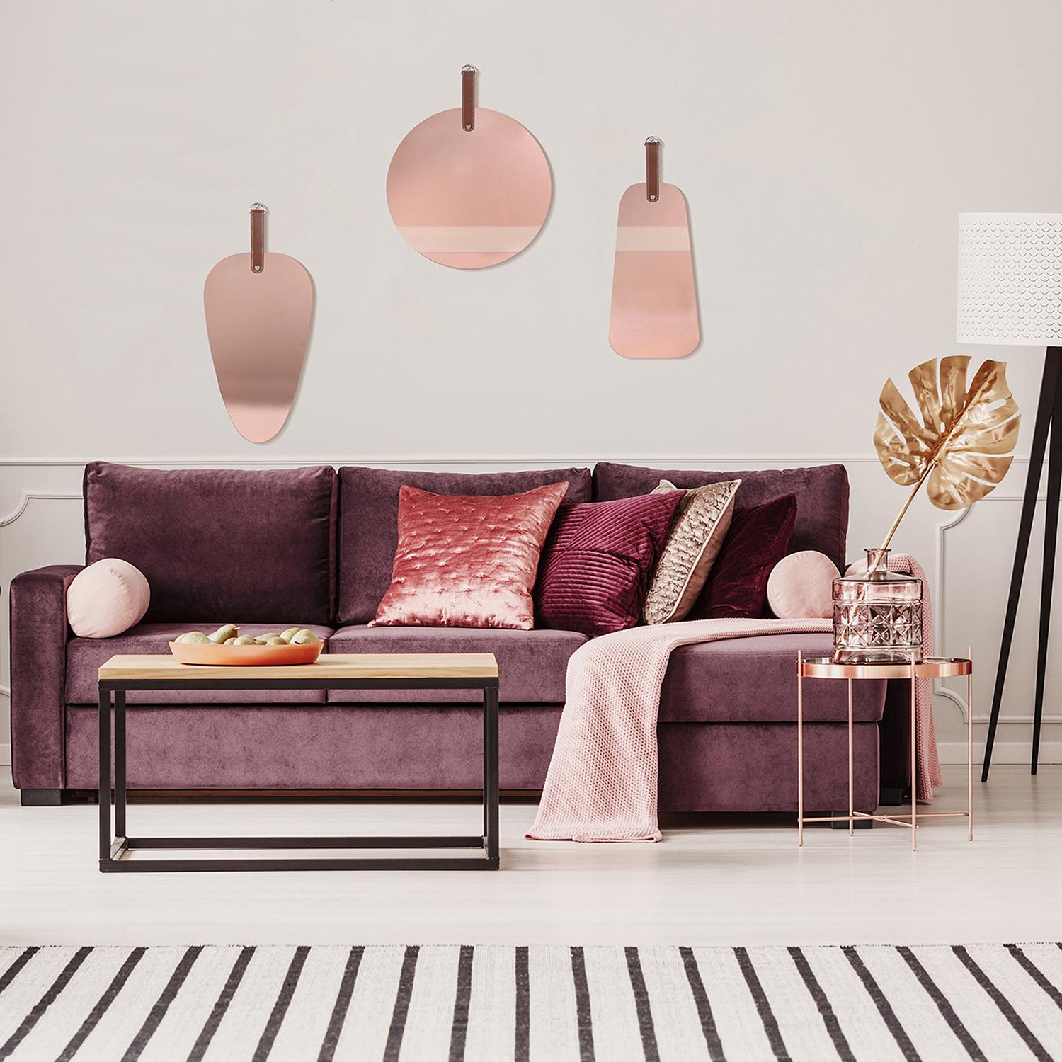 MIROIR CUIVRE ROSE A SUSPENDRE ANSE PU