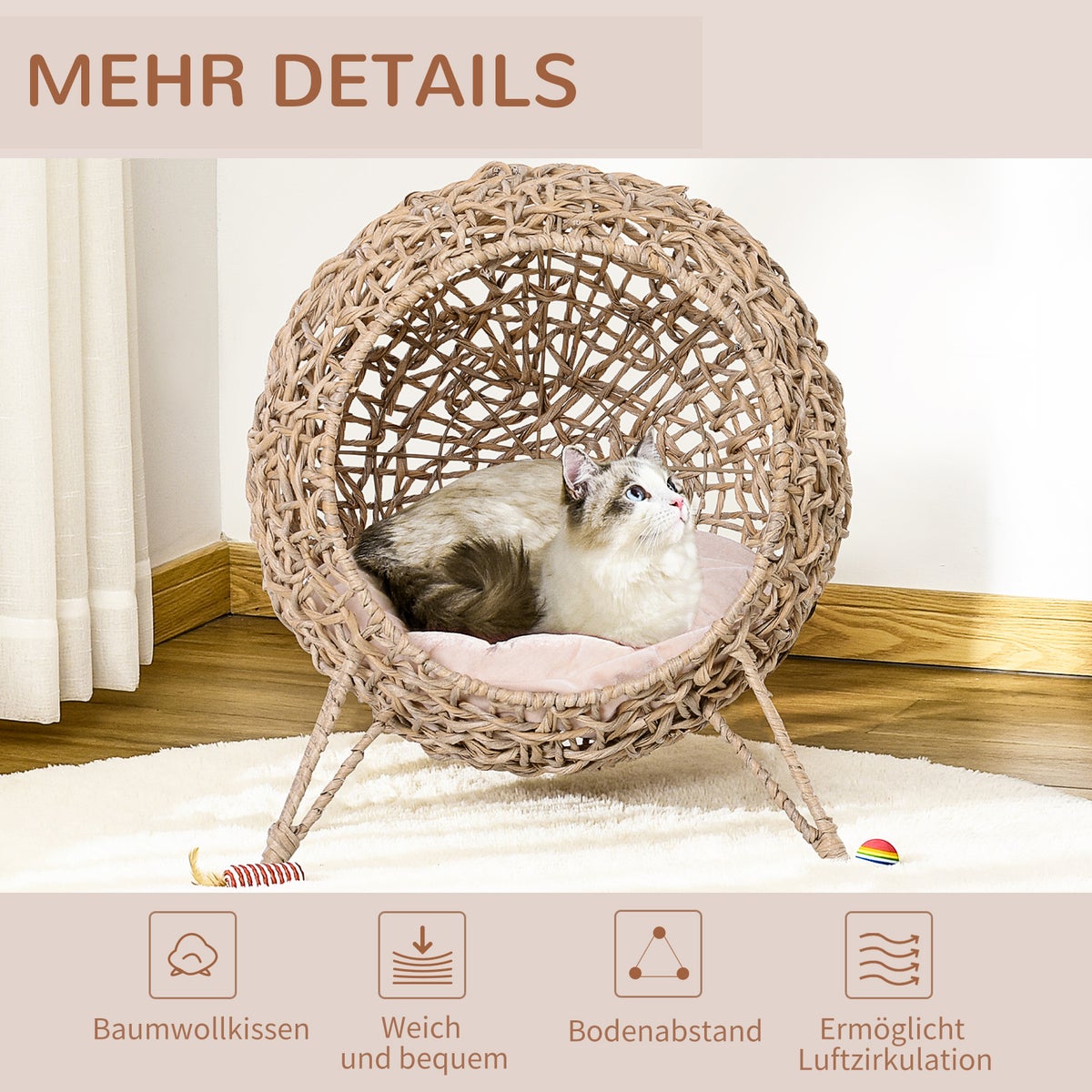 PawHut kattenhuis van rotan, Ø52 x 58 cm, PE rotan, naturel
