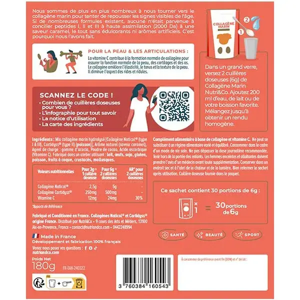 Nutri&Co Colágeno Marinho Tipo 1, 2 e 3 para Pele e Articulações Sabor Caramelo 180g