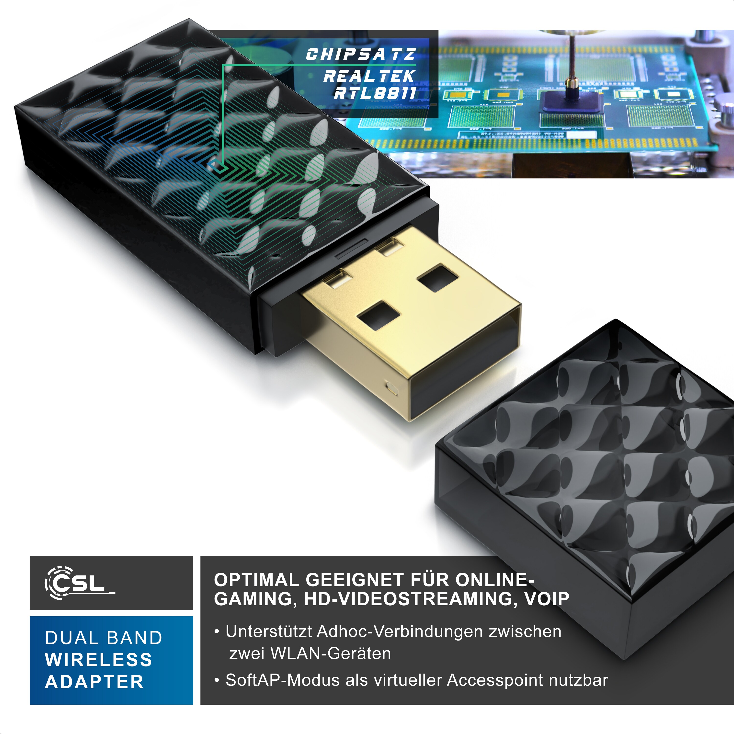 CSL WLAN Dual Band Stick - 433 MBit s - 2,4 GHz 5 GHz - bis zu 433 MBit s WLAN-Standards 802.11ac