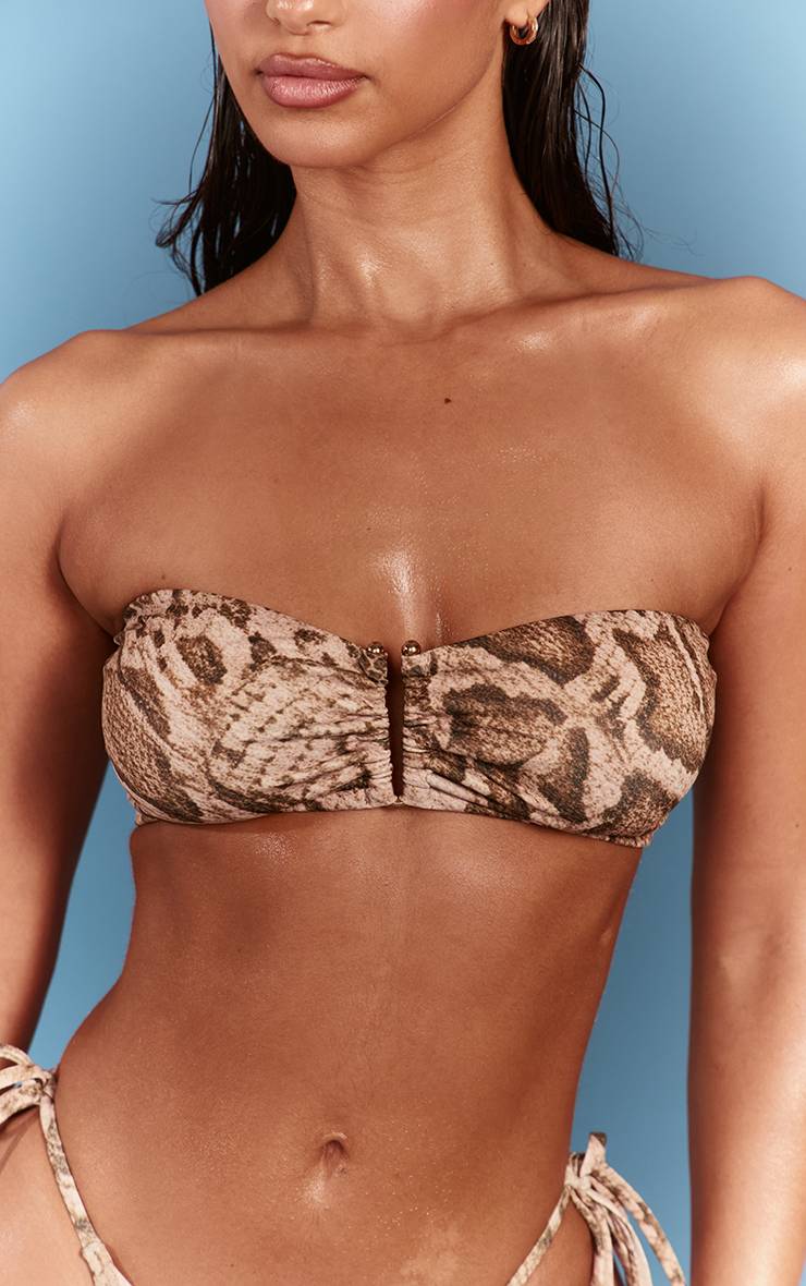 Marron Haut De Bikini Bandeau À Dos Noué Avec Barre En U Imprimé Synthétique