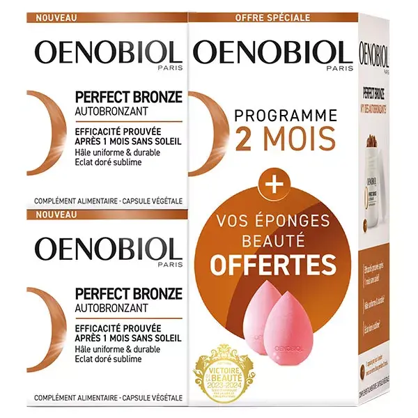Oenobiol Perfect Bronze Autobronzeador - Pacote com 2 x 30 cápsulas + 2 esponjas de beleza