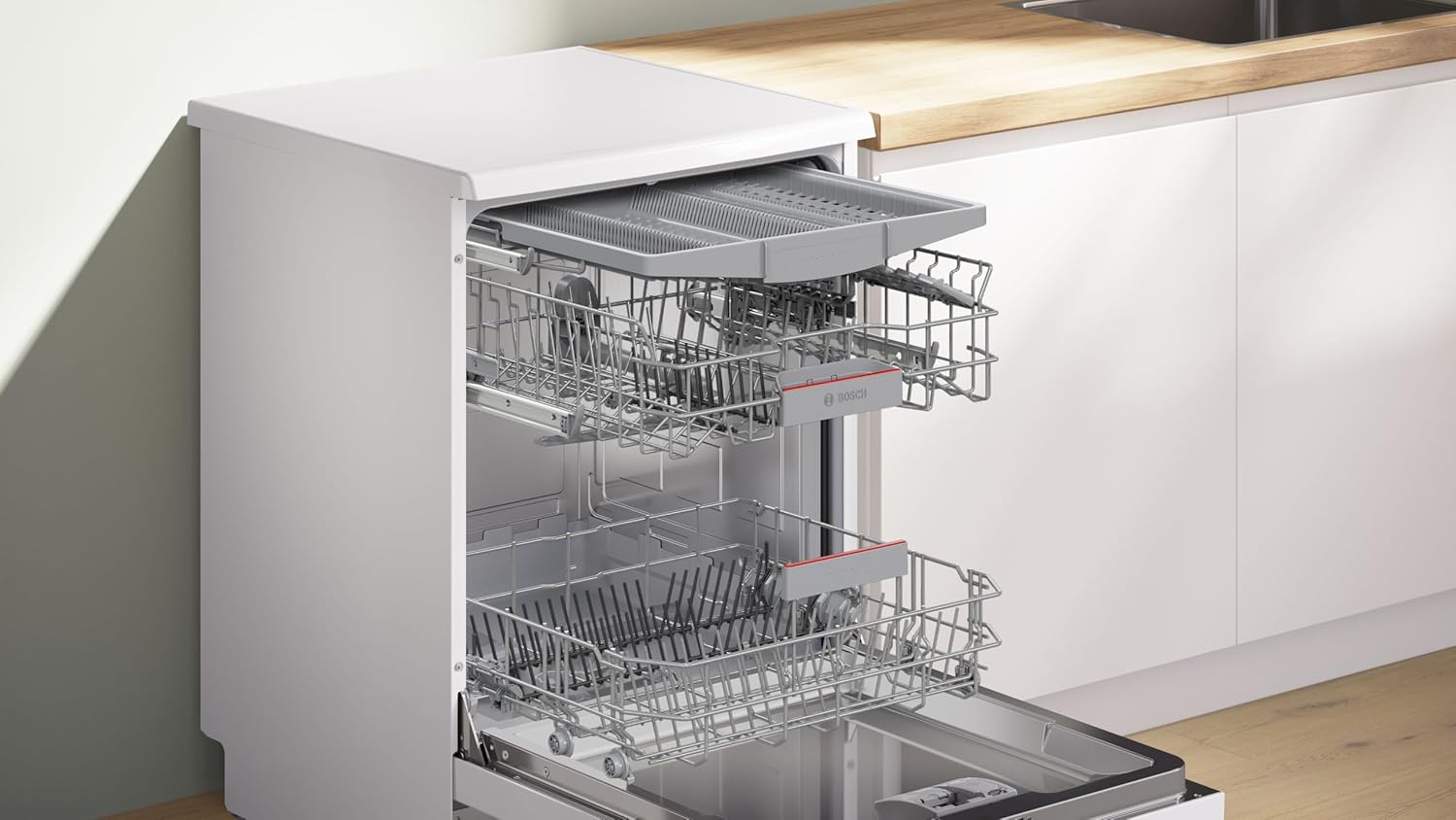 Bosch Geschirrspüler 60 cm, Freistehend, Silence Programm, VarioFlex-Körbe und VarioSchublade - Flexibilität und Komfort beim Beladen, Automatisierte Startzeit, Extra Trocknen, SMS4HVW14E, Weiß
