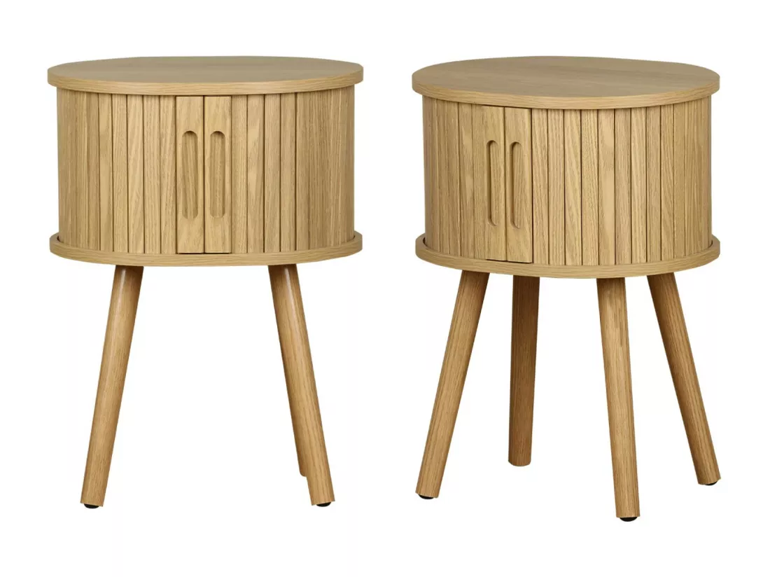 Lot de 2 tables de chevet ovale 2 portes coulissantes poignées creusées. effet bois rainuré. L40 x l34 x H54.8cm