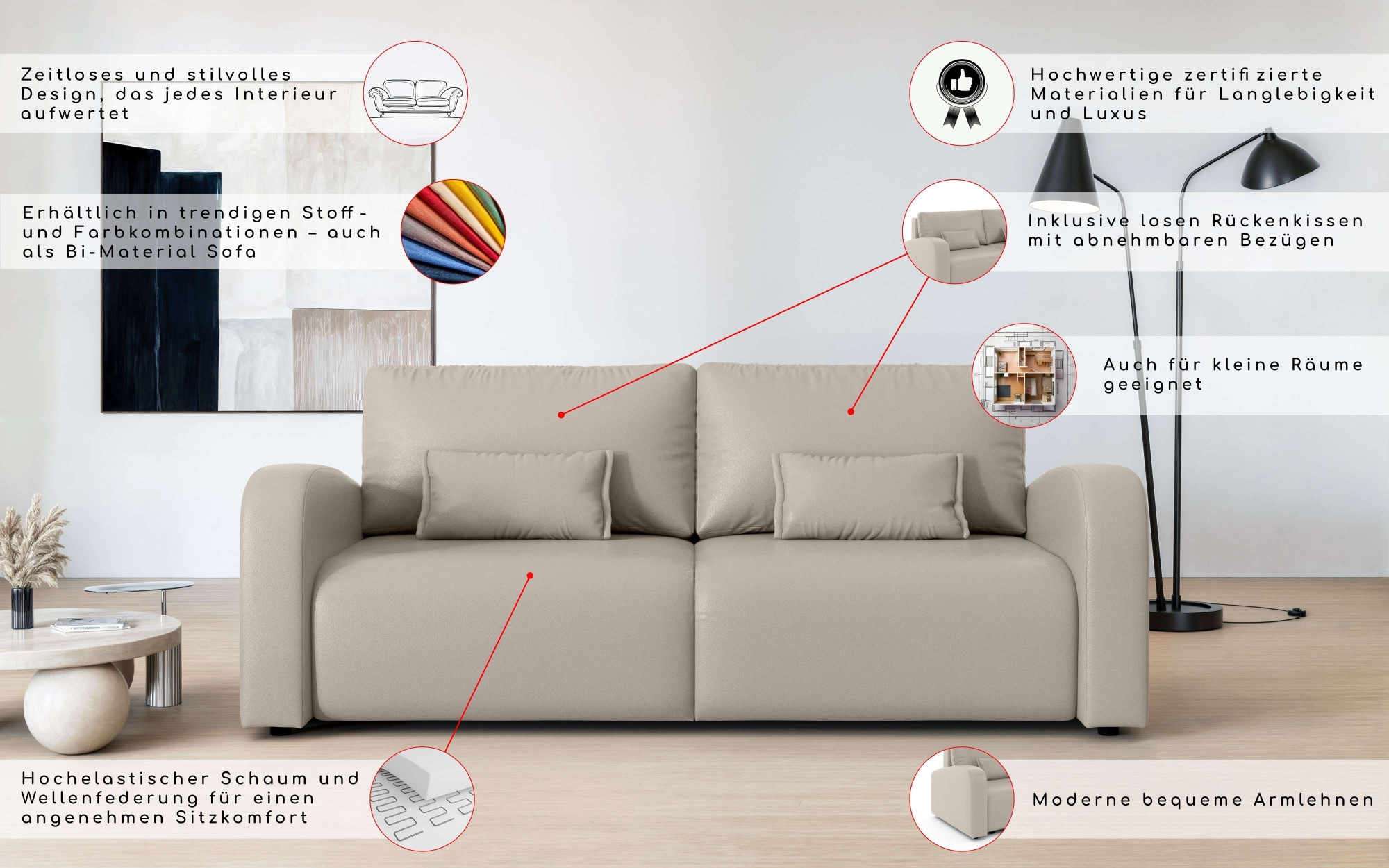 GOODproduct 3-Sitzer »JIGGS wahlweise Schlafsofa mit Bettkasten, Masse B/H/T: 228/96/110 cm« Sofa mit Wellenunterfederung, enthält 2 Rückenkissen und 2 Zierkissen