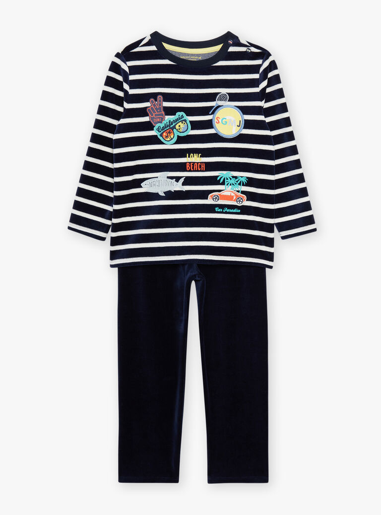 Pyjama en velours bleu marine à rayures écrues