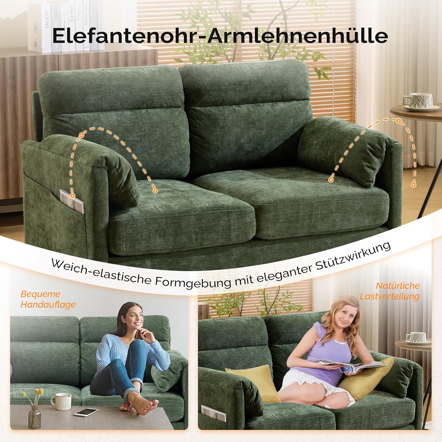 Bonnlo Sofa 2 Sitzer klein, 125cm Couch mini, Kleine Stoffcouch mit weichen Armlehnen, Kleines Sofa für Büro, Wohnzimmer, Schlafzimmer und Arbeitszimmer,Einfache Montage, Leinen (Grün)
