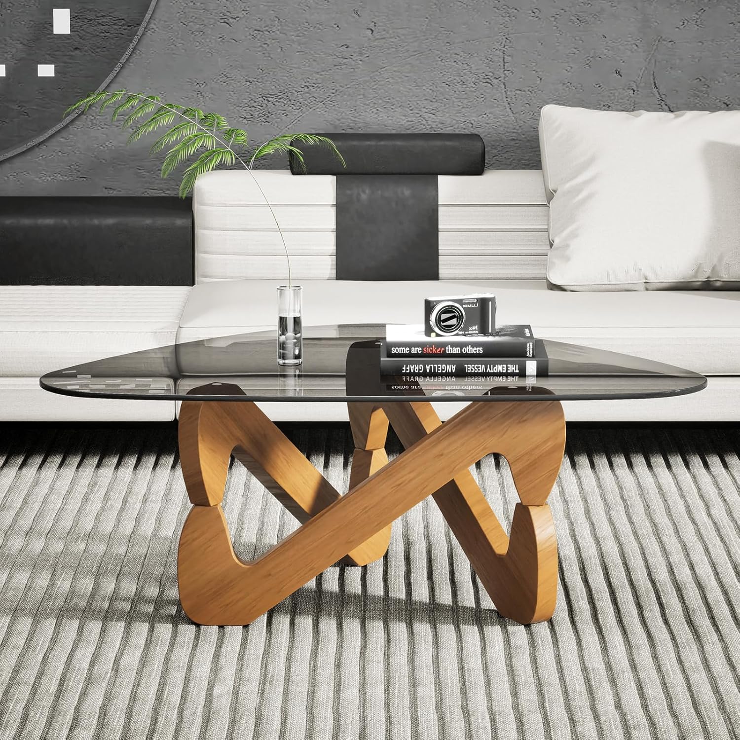 TWSOUL Dreieckiger Couchtisch aus Glas, Modern Wohnzimmertisch, Durchsichtig Couchtisch mit Holz Base, Ausgefallene Kaffeetisch für Wohnzimmer (Grauschwarz)
