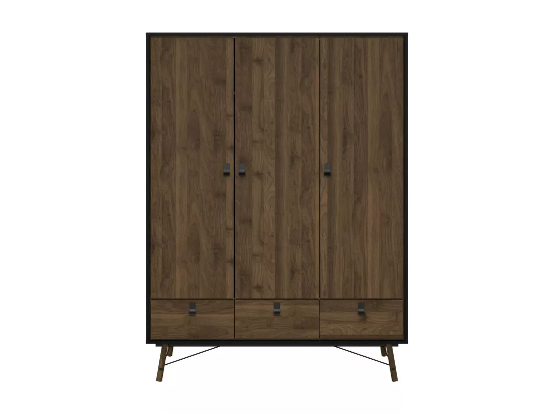 Garde-robe 3 portes Dverdell, Meubles de chambre, Penderie de plain-pied, Placard à vêtements, 150x60 h200 cm, Noir et Noyer