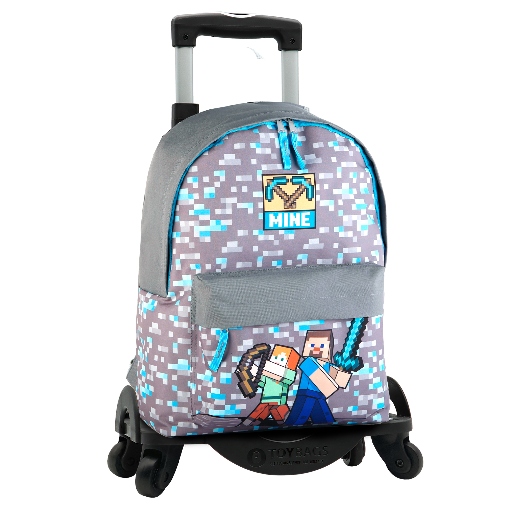 Mochila escolar Minecraft Warriors com dois compartimentos + carrinho para brinquedos com 4 rodas giratórias