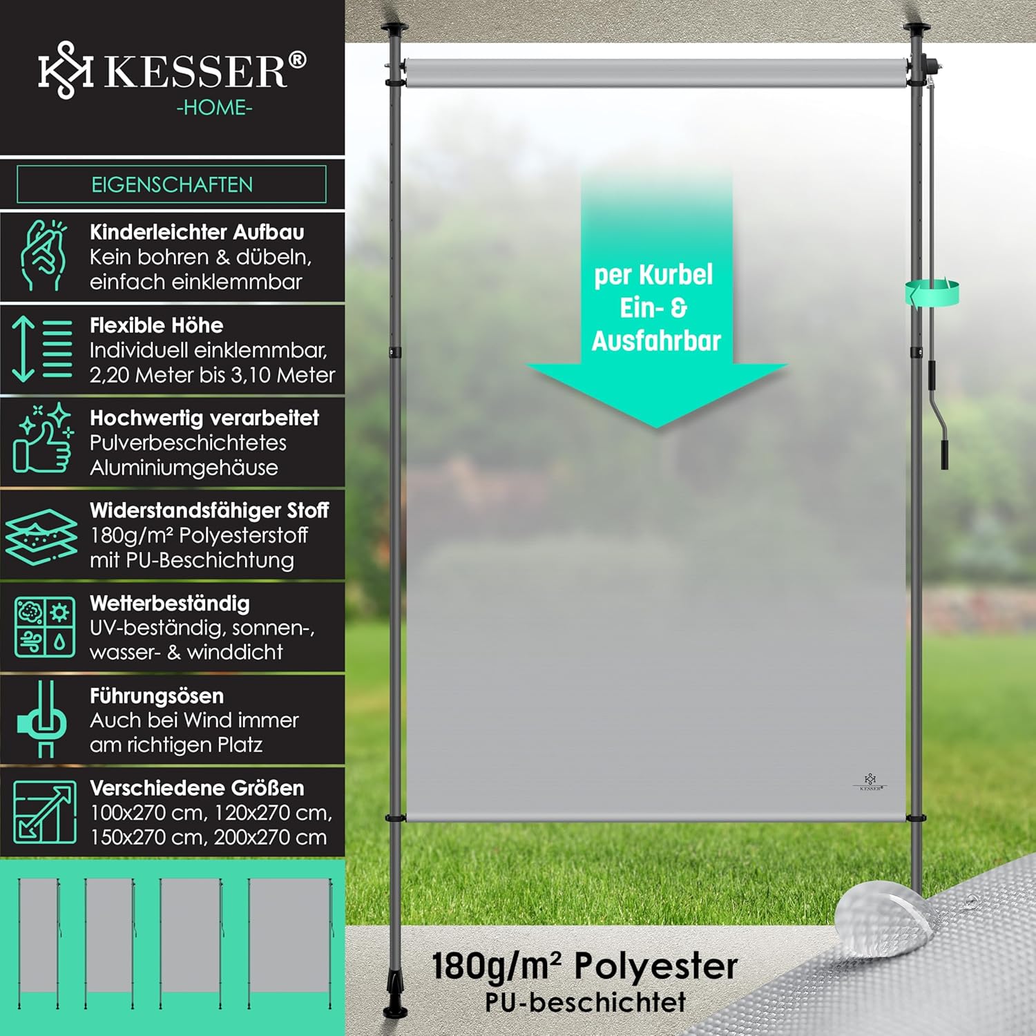 KESSER® Klemmmarkise Senkrechtmarkise 200x310cm Ausziehbar & Blickdicht Vertikalmarkise mit Handkurbel ohne Bohren Balkon-Sichtschutz & Windschutz für Garten & Terrasse Wasserfest Grau
