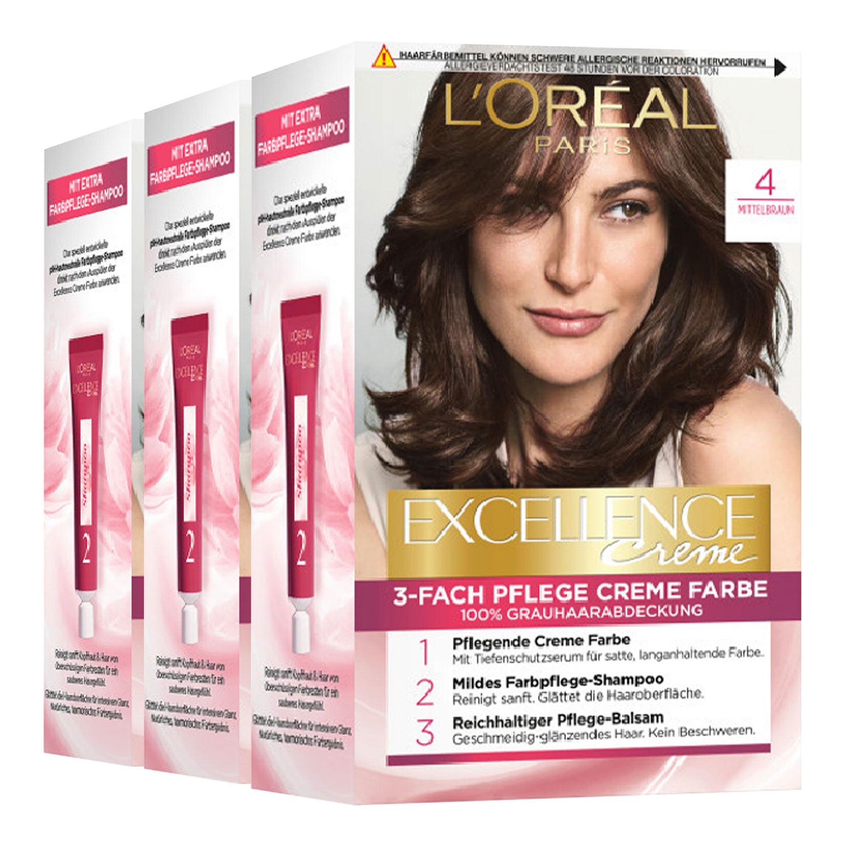 L'Oréal Paris Excellence Crème 4 Mittelbraun, 3er Pack