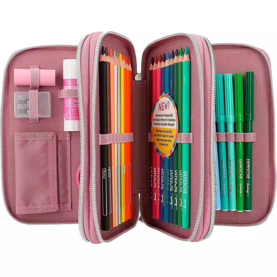 Depesche 3-Fach Federtasche GLITTER QUEEN inkl. Stifte TOPModel 20 x 13 x 7,5 cm pink