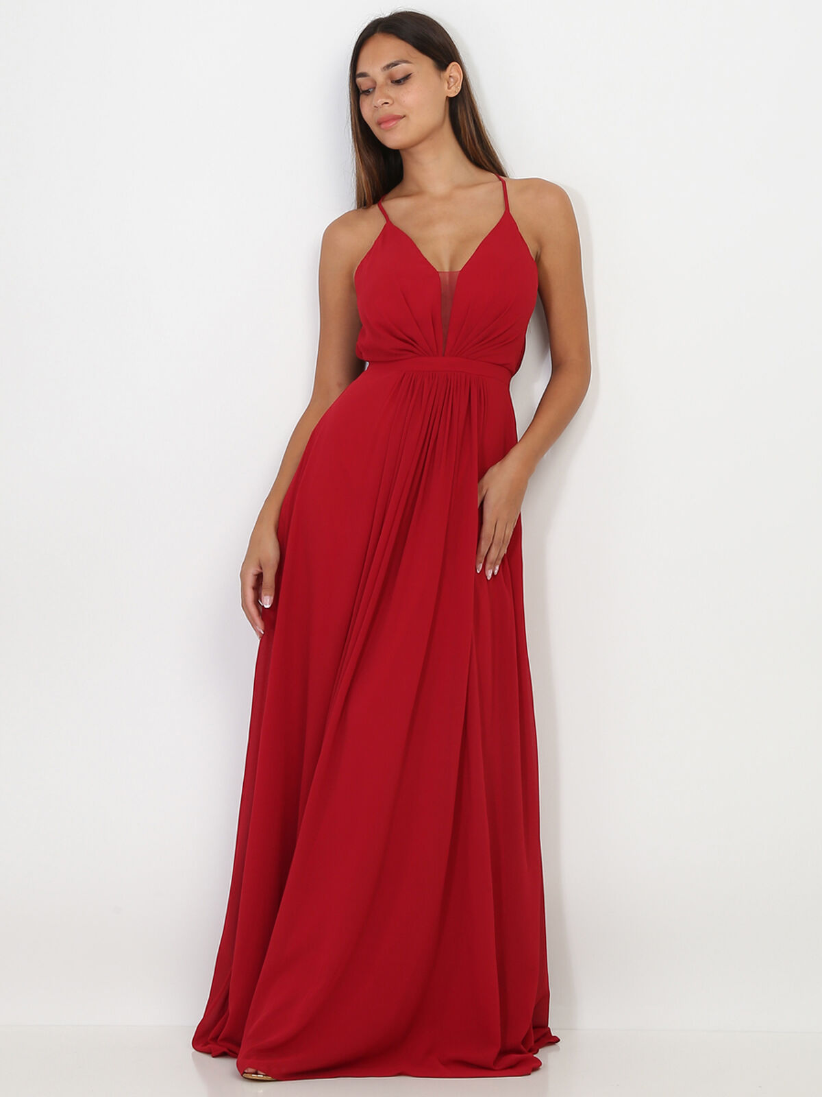 Robe longue drapée à bretelles- Cerise