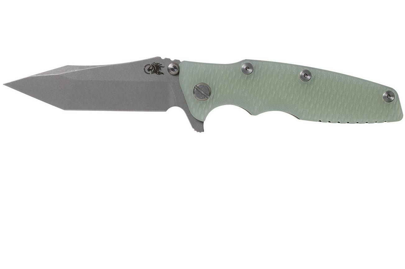 Rick Hinderer Eklipse 3.5” Tanto, CPM 20CV Working Finish, Translucent Green G10 zakmes