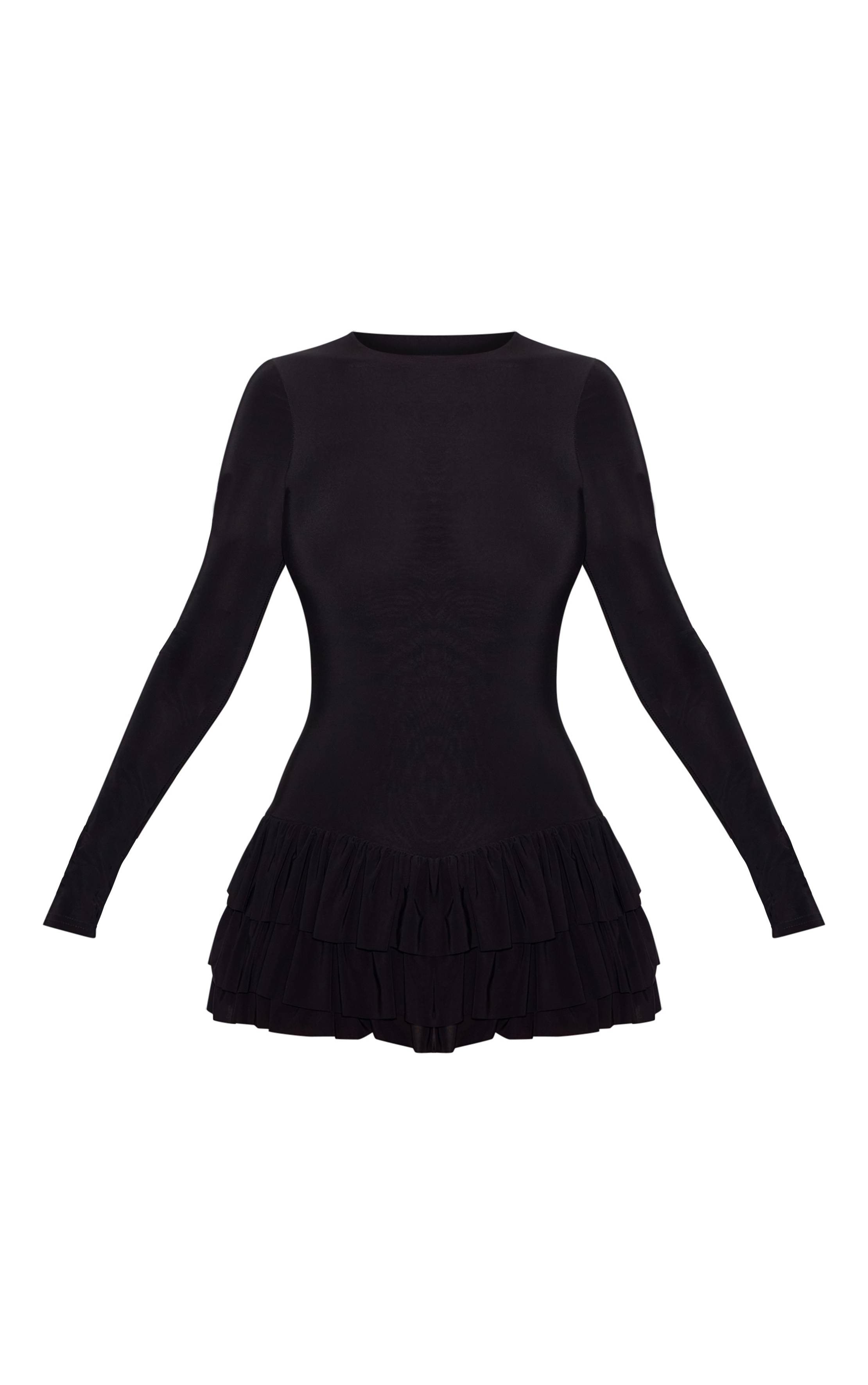 Noir Combi-short Jupe Volantée À Manches Longues En Tissu Slinky Double Épaisseur