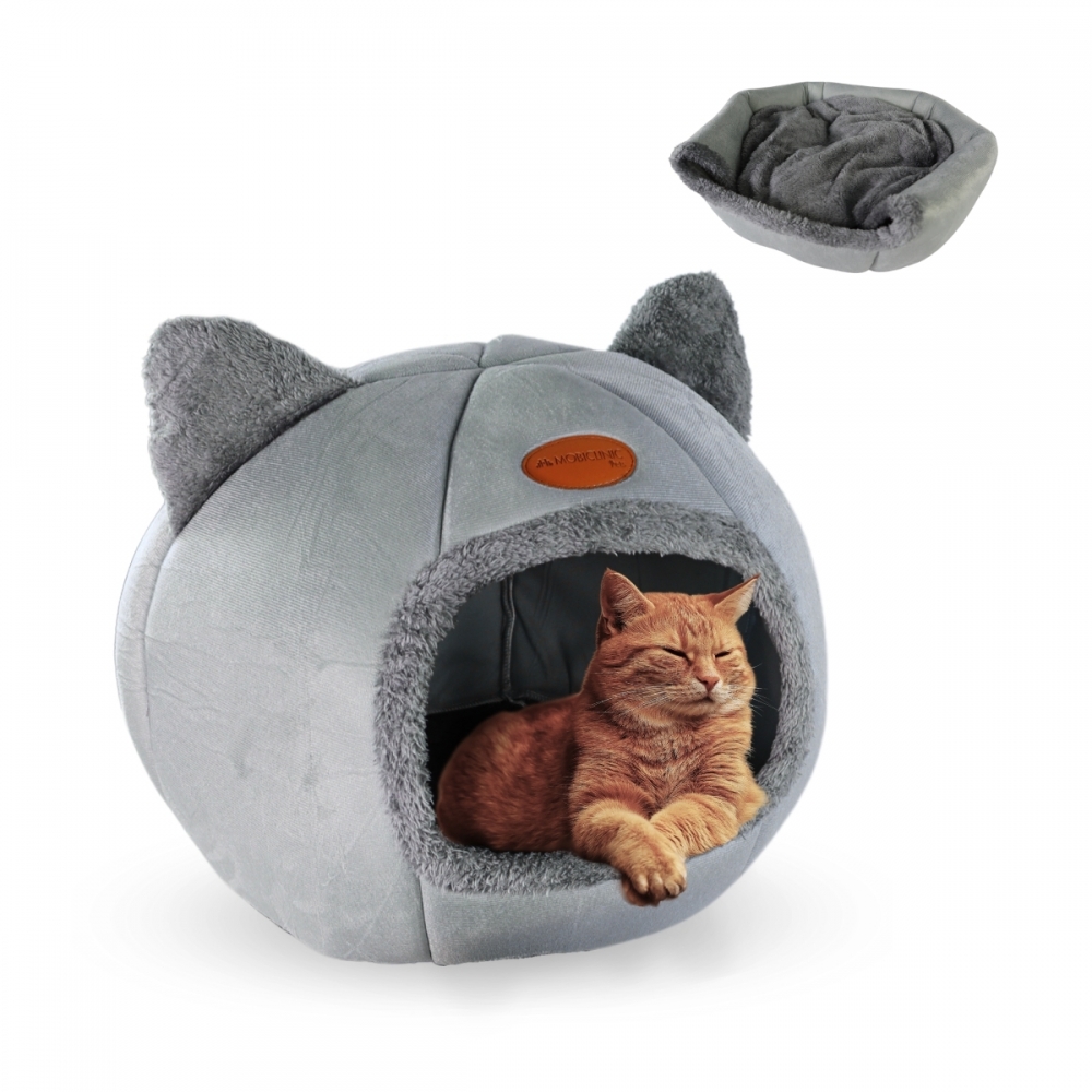 Ninho-caverna cinza para animais de estimação | Dobrável | Cinza | Confortável | Macio | 40x40x43 cm | Carga máxima 12 kg | HelloCatty | Mobiclinic