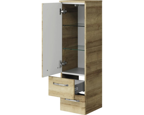 Pelipal Kumba badkamermeubelset (B x H x D): 137 x 200 x 50 cm, frontkleur: Riviera eiken, 5-delige set inclusief witte mineraalstenen wastafel, halfhoge kast en onderkast (99.770121472)