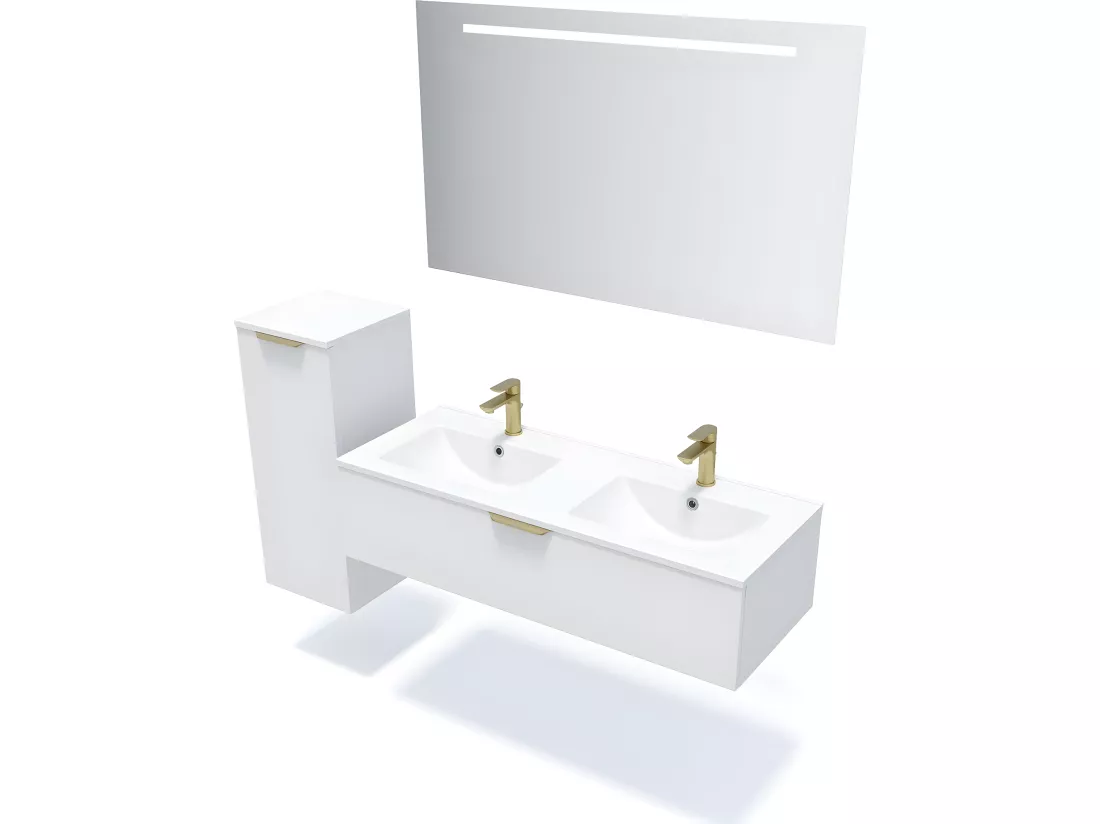Meuble de salle de bain suspendu double vasque intégrée 120cm 1 tiroir Blanc - Venice