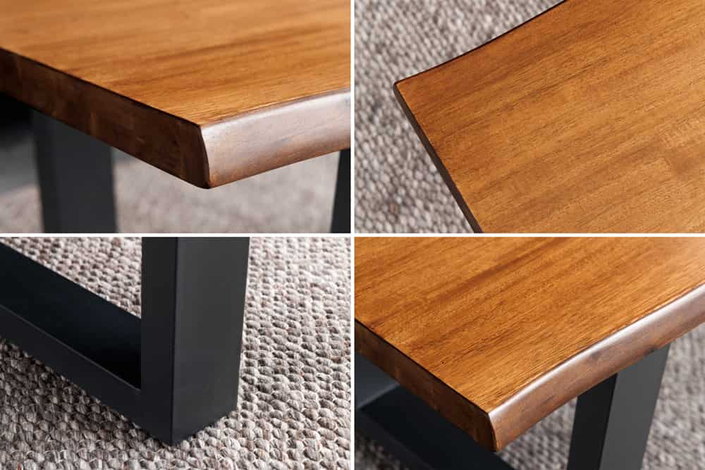 Massiver Couchtisch GENESIS 110cm braun Akazienholz Baumkante V-Gestell