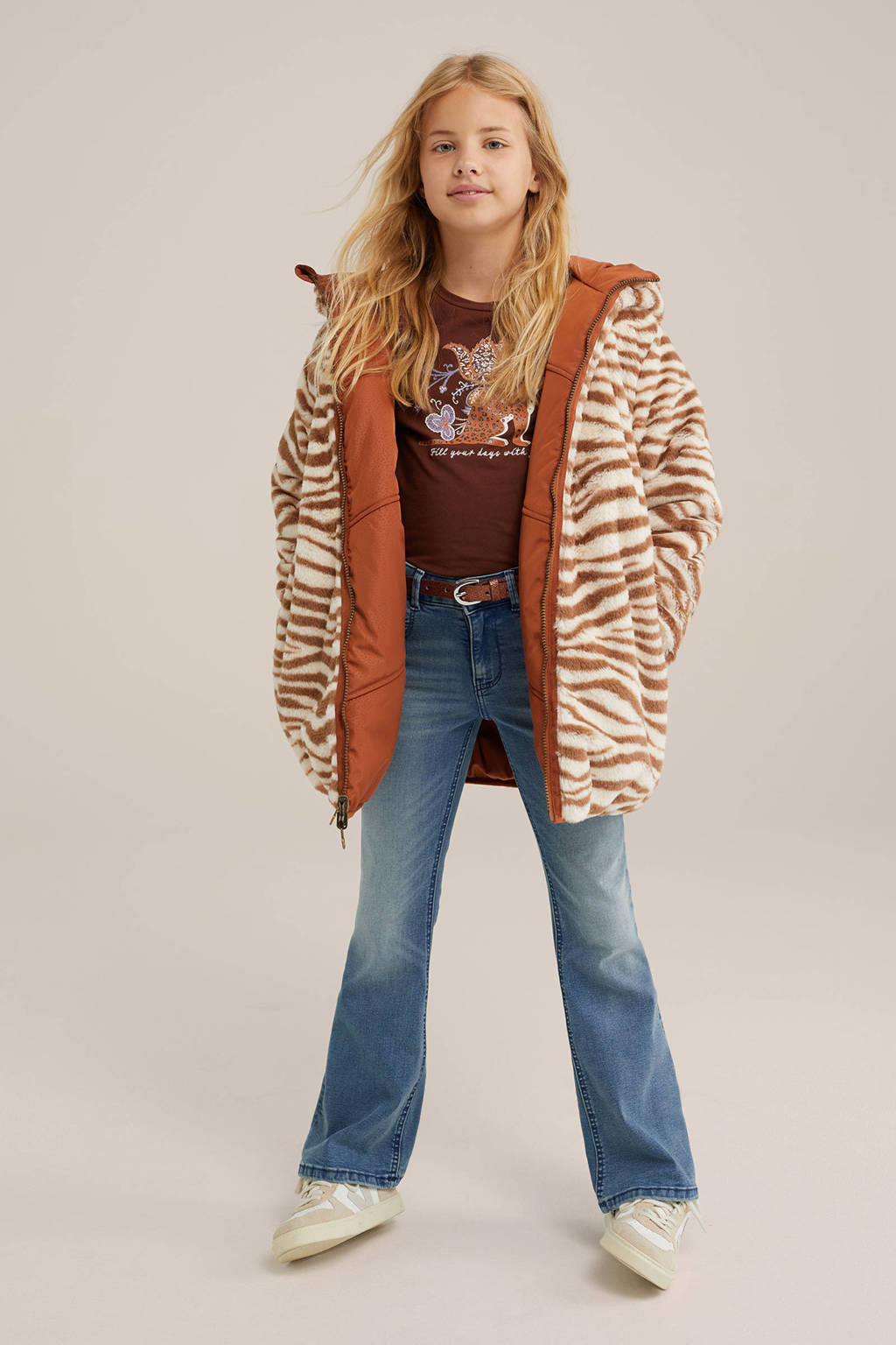 WE Fashion gewatteerde winterjas met dierenprint bruin/ecru