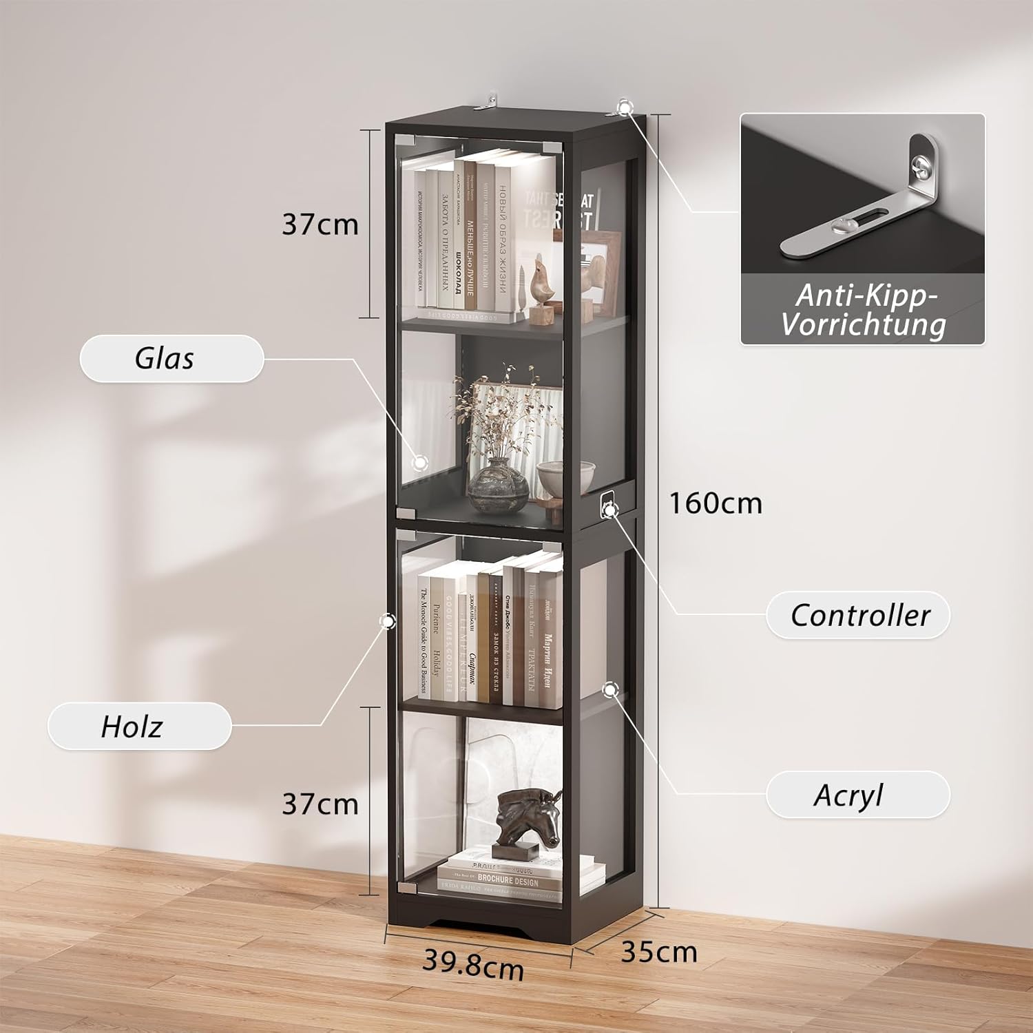 Glasvitrine mit Dreifarbig LED Beleuchtung und Glastüren, Glasvitrine Stehend mit Körpersensor-System, Sammlervitrine für Wohnzimmer, Büro, Bücher, Spielzimmer, Schwarz (40 x 35 x 160cm)