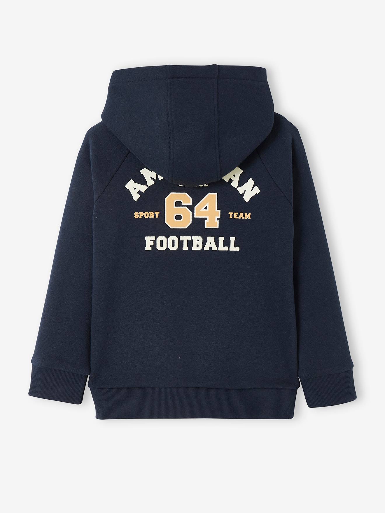 Moletom infantil masculino azul escuro liso com zíper e estampas.