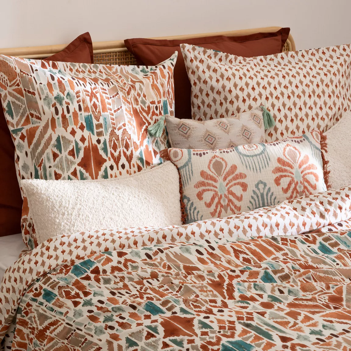 Housse de couette et deux taies coton (240 x 220 cm) Ikat Multicolore