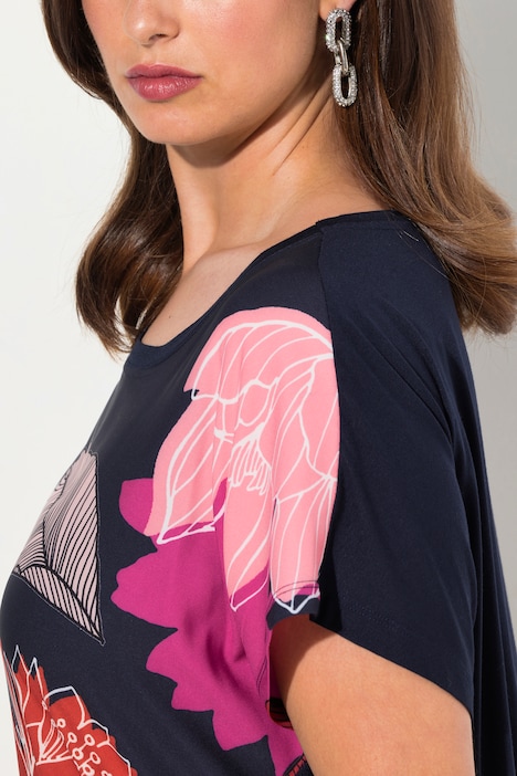 Shirtbluse, Blüten, Oversized, Rundhals, Halbarm
