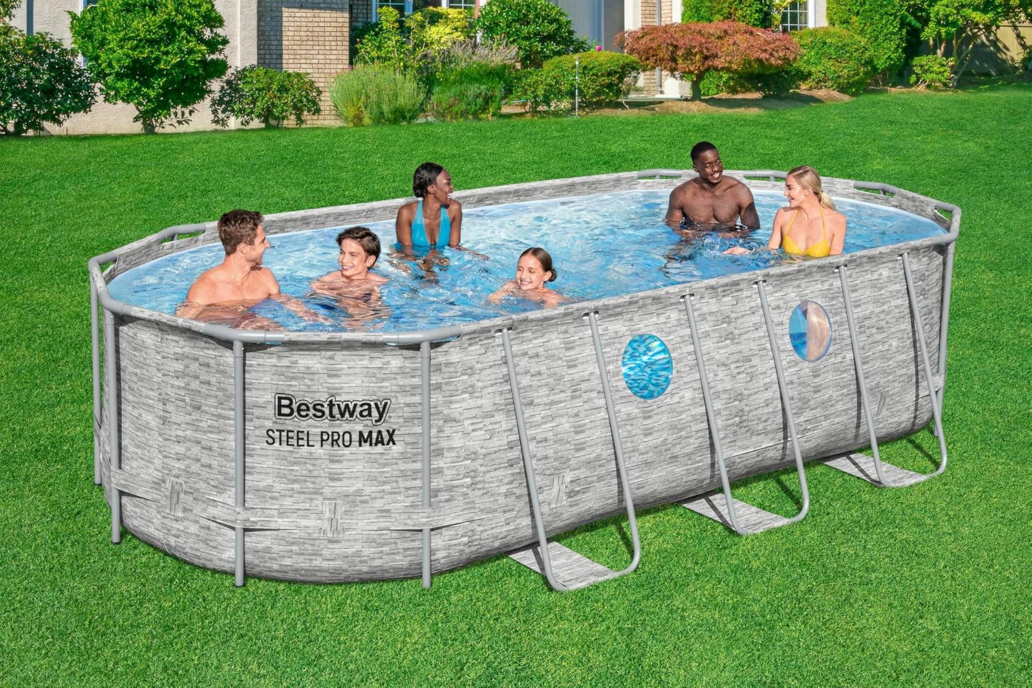 Bestway Power Steel Swim Vista Series Frame Pool Komplett-Set mit Filterpumpe 549 x 274 x 122 cm, Steinwand-Optik (Cremegrau), oval