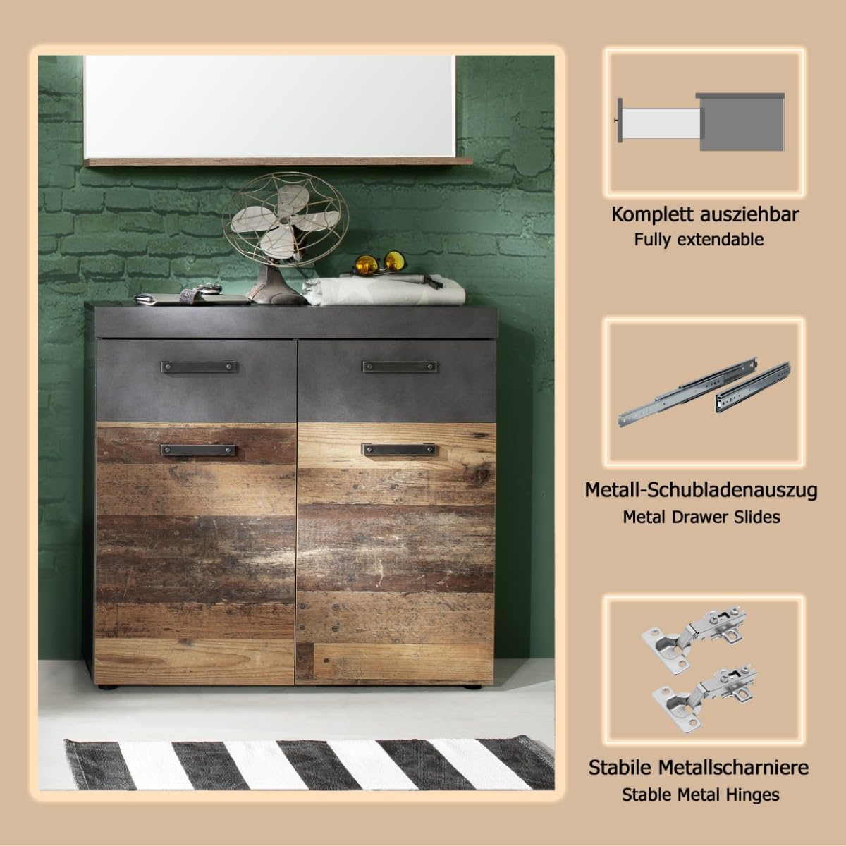 trendteam smart living - Indy - Kommode - Graphit Grau/Alteiche - Platz für bis zu 16 Schuhpaare - (BxHxT) 90 x 89 x 34 cm - rustikales Design