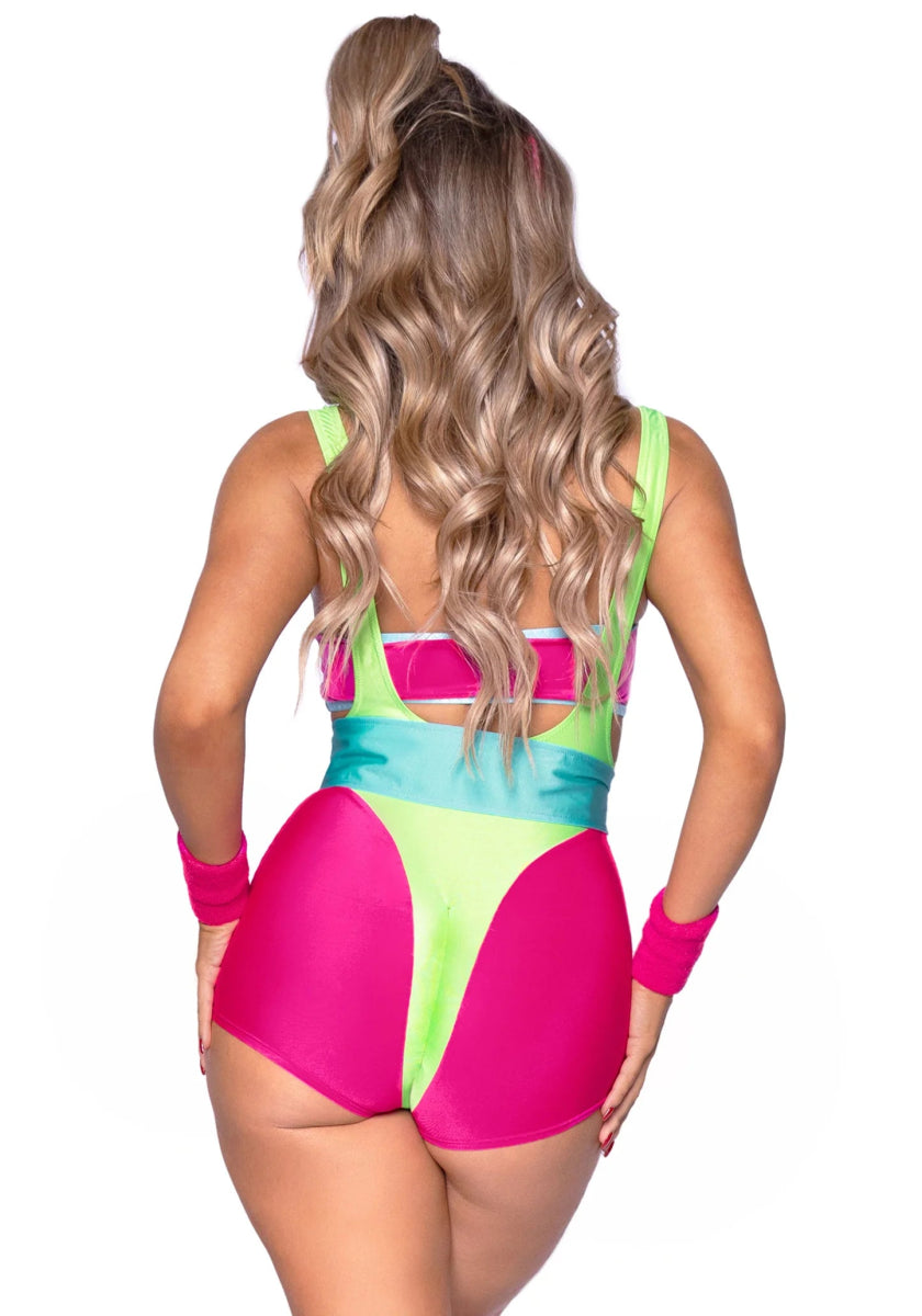 Neon 80S Kostuum Groen Roze Dames Bodysuit Workout Leg Avenue