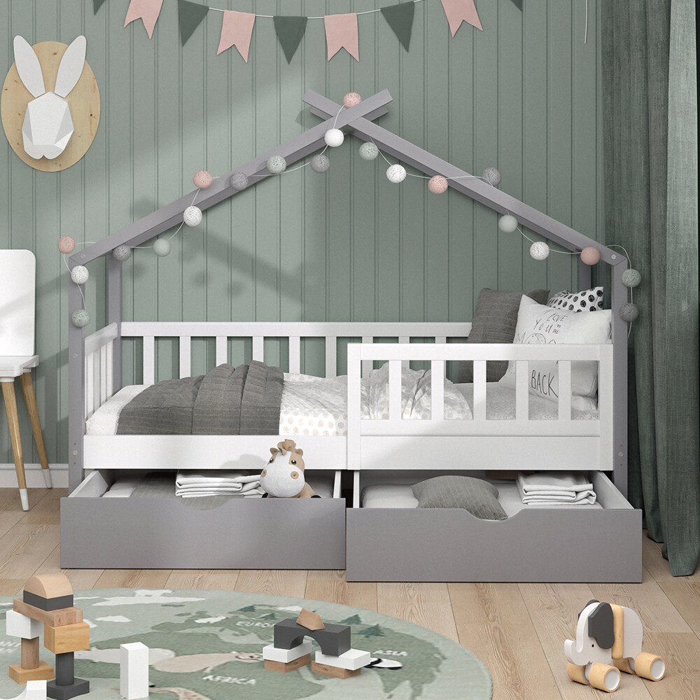 VitaliSpa Kinderbett Hausbett Einzelbett Design Weiß Grau modern 80x160 cm Kinderzimmer Bett Massivholz Lattenrost Schublade Rausfallschutz Schubladenbett