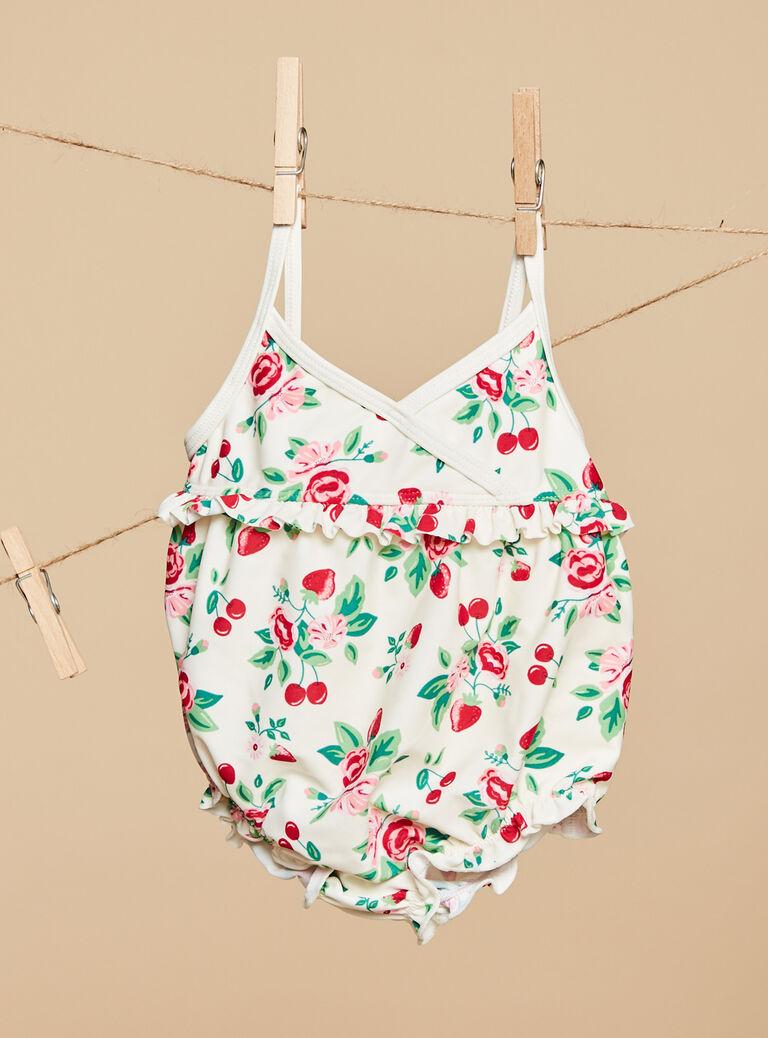 Maillot de bain écru à imprimé fleur et fruit